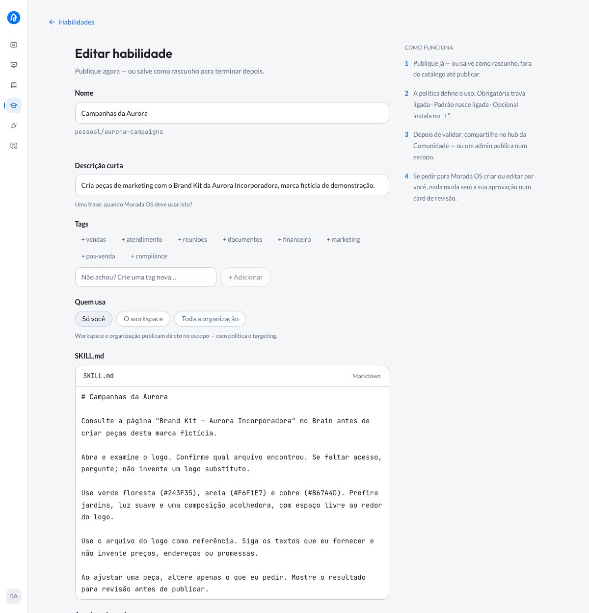Editar habilidade form with Nome, Descrição curta, Quem usa, and SKILL.md filled in for Campanhas da Aurora