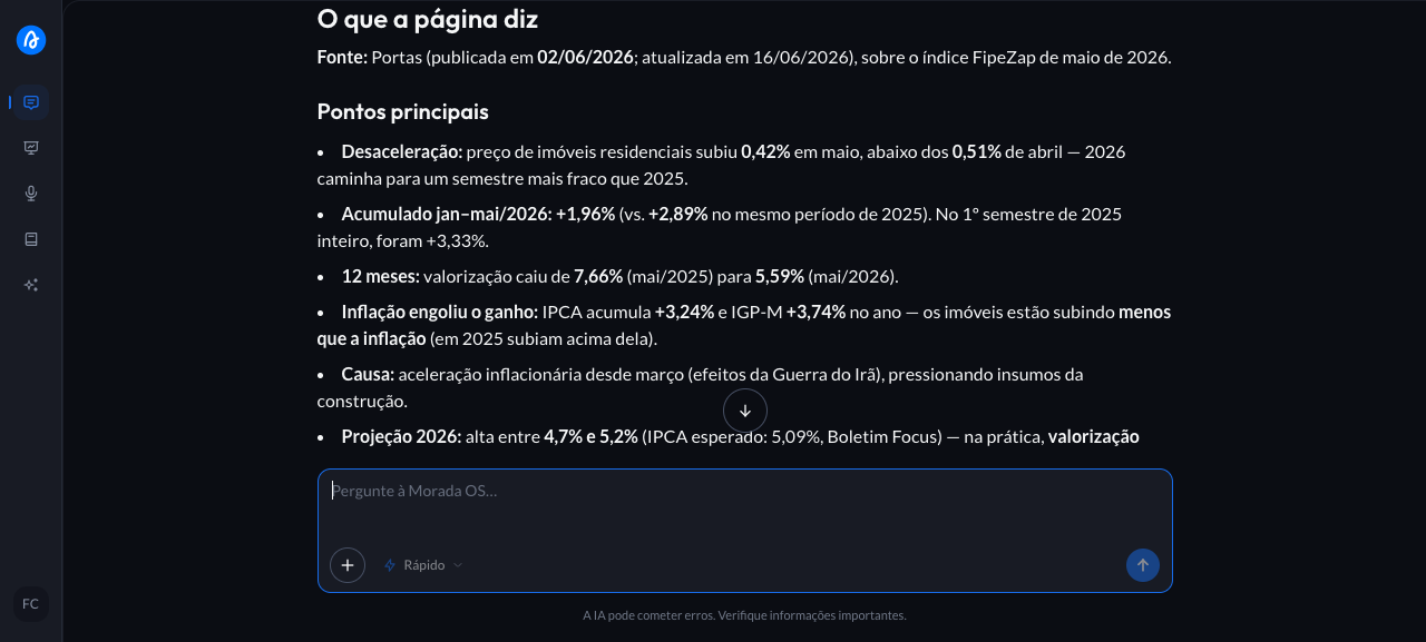 Summary of a page read from its link in Morada OS, with the main points as bullets and the publication date