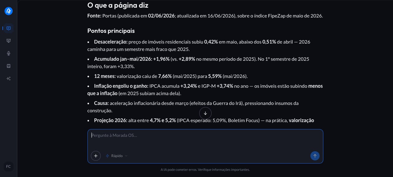 Summary of a page read from its link in Morada OS, with the main points as bullets and the publication date