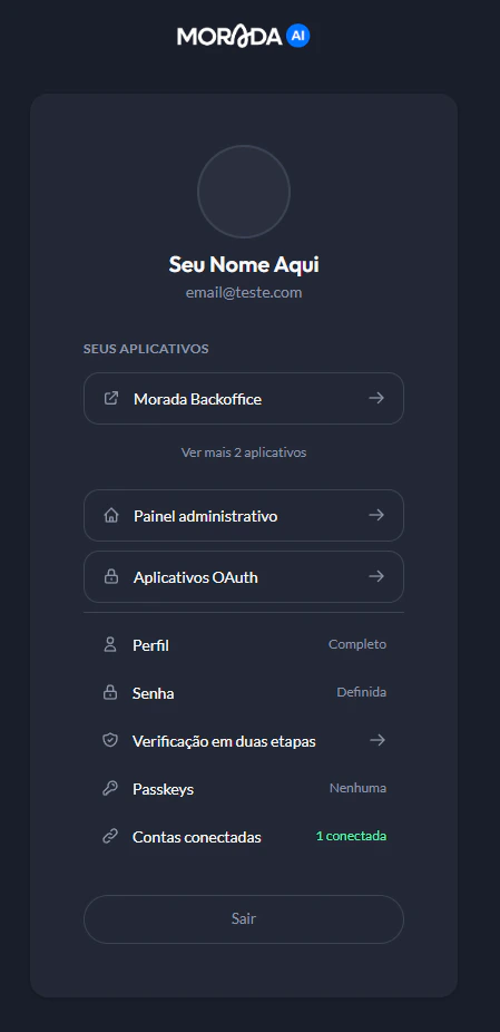 Página id.morada.ai com perfil, aplicativos e configurações de segurança