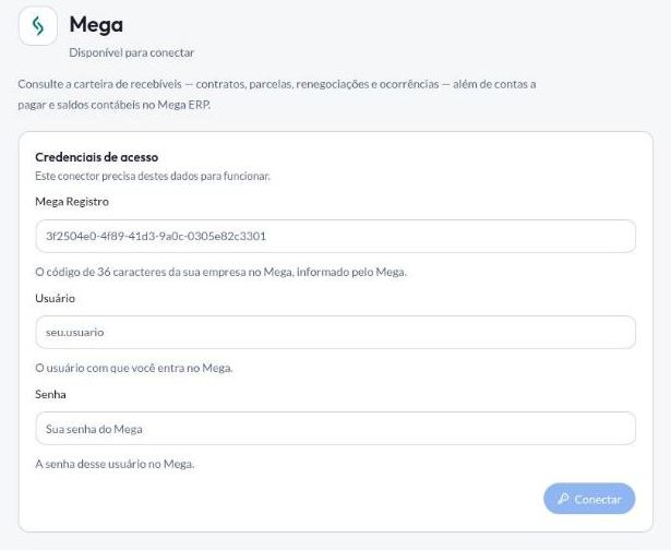 Mega connection form with the Mega Registro, Usuário and Senha fields