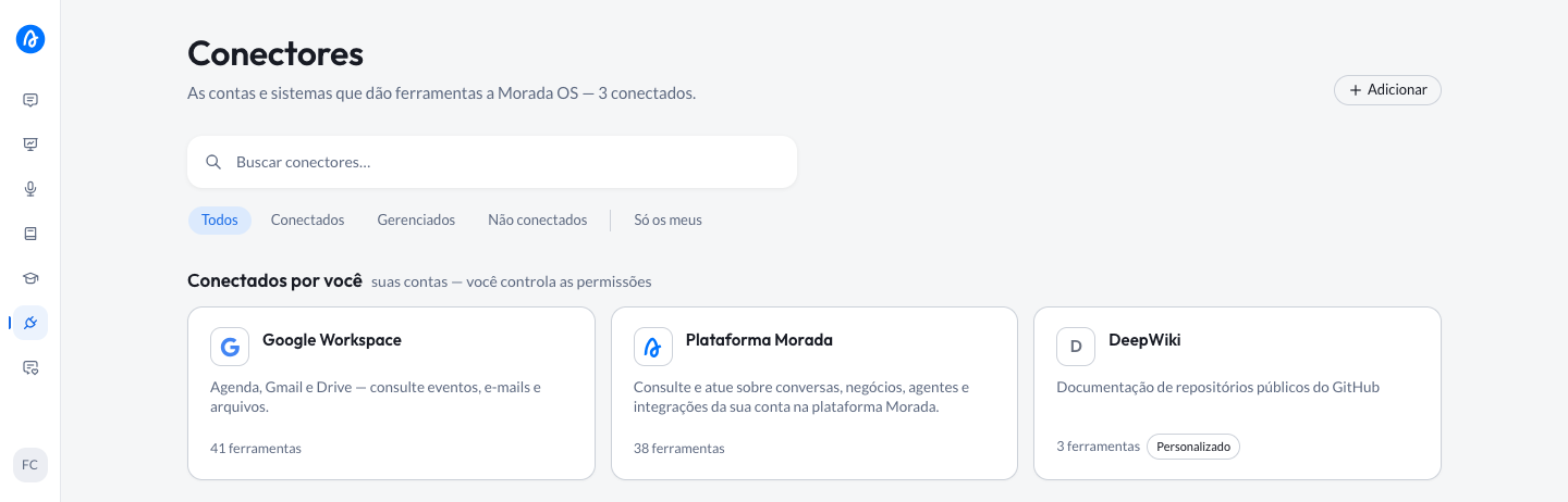 Prateleira com o conector personalizado já conectado, com a etiqueta Personalizado, e o filtro Só os meus na barra de filtros