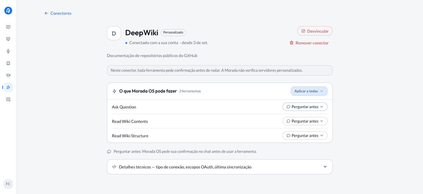 Página do conector personalizado, com o aviso de confirmação e a lista de ferramentas com a etiqueta Perguntar antes