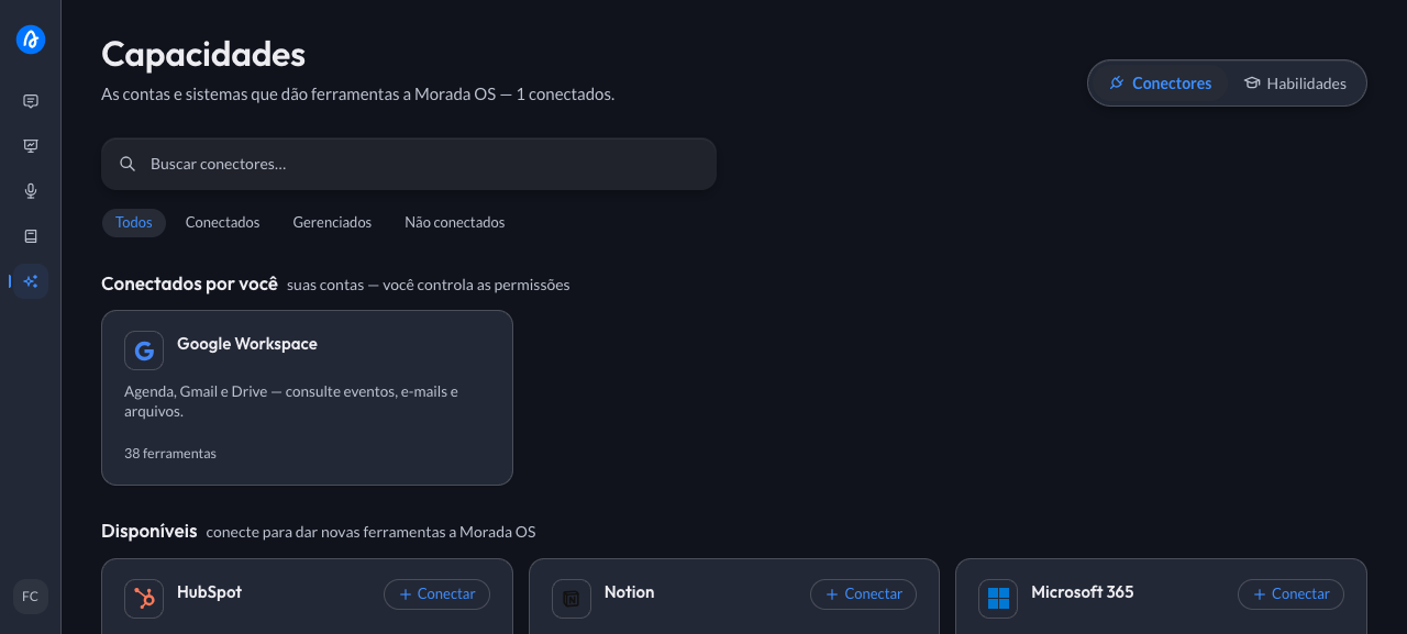 Morada OS connectors screen