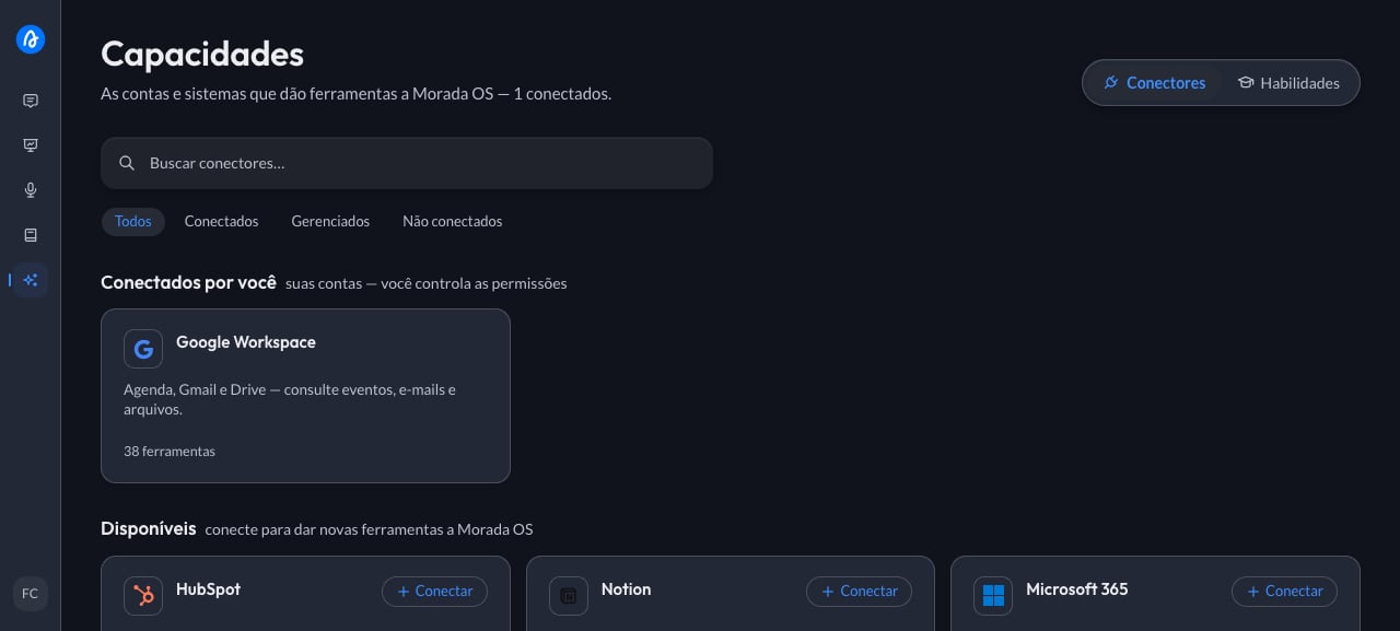 Morada OS connectors screen