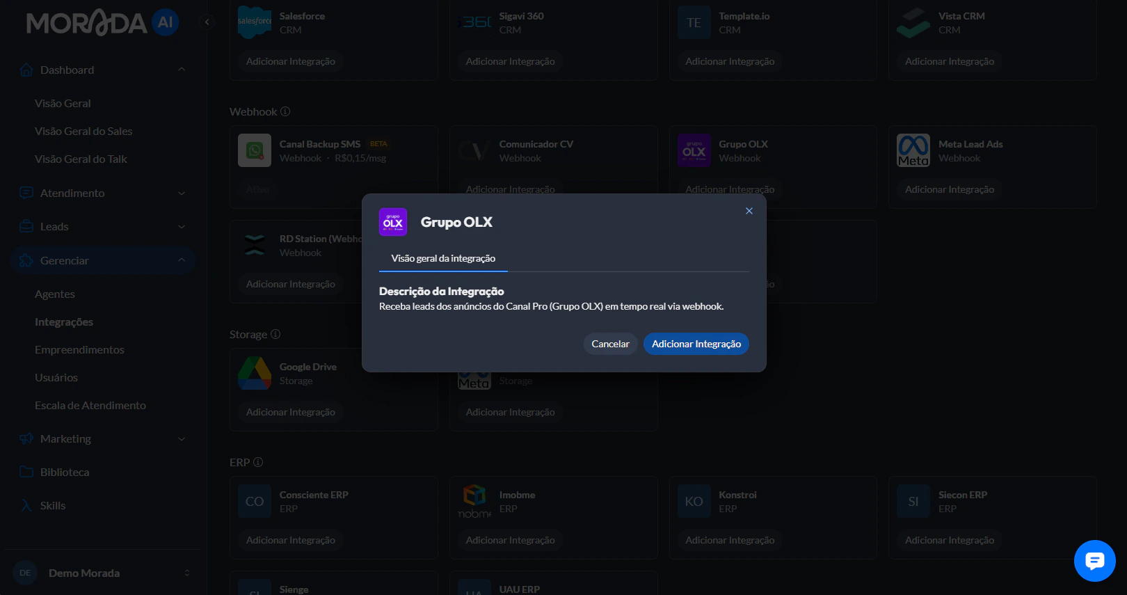 Tela da integração Grupo OLX com botão para copiar a URL de webhook