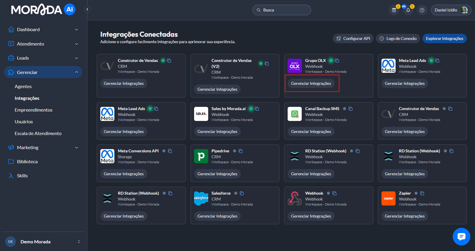 Tela de integrações conectadas com destaque para Gerenciar Integrações no card do Grupo OLX