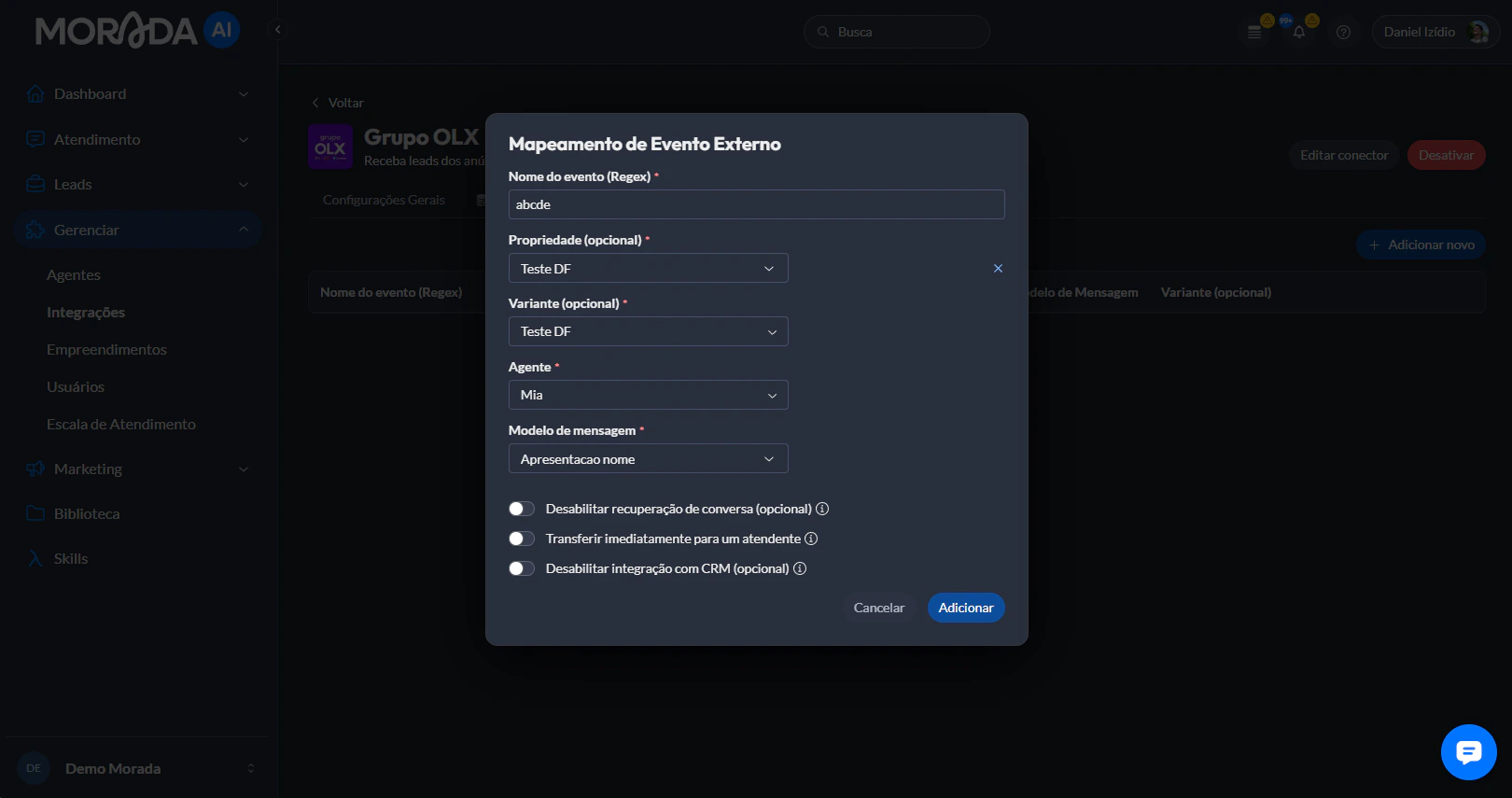 Modal de mapeamento de evento externo preenchido com clientListingId, empreendimento, agente e modelo de mensagem