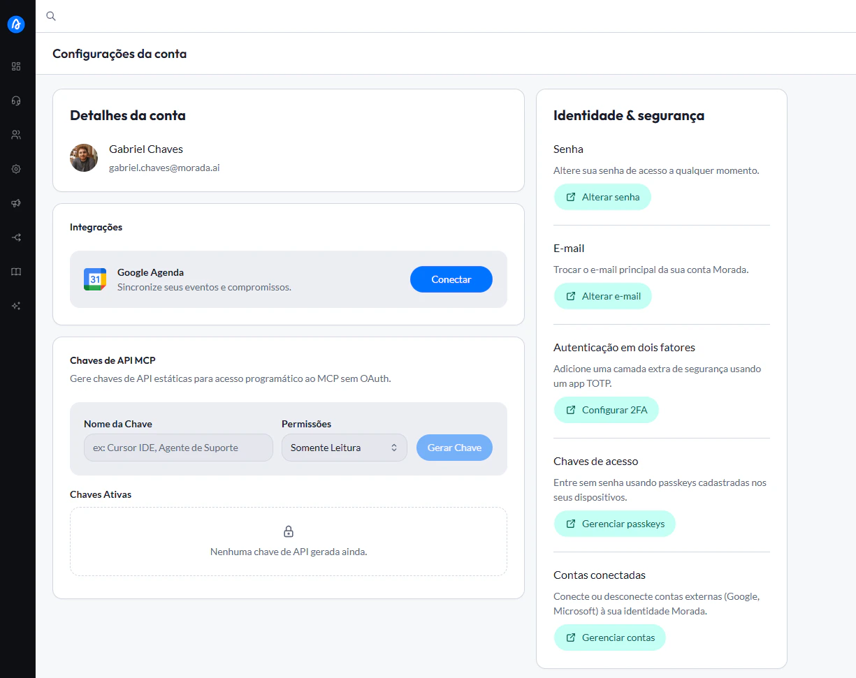 Tela de Configurações da conta com integração Google Agenda