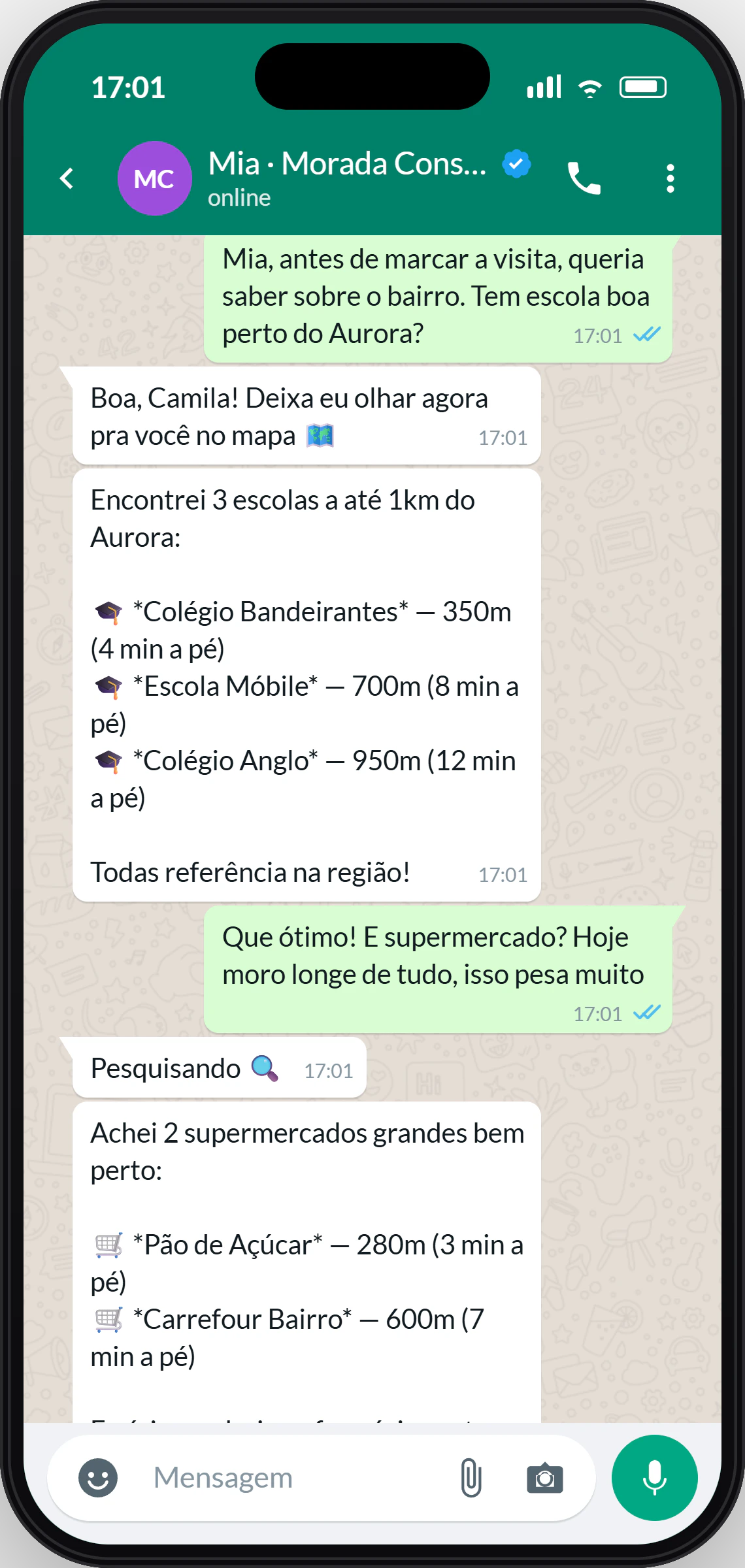 Conversa no WhatsApp com a Mia respondendo sobre escolas e supermercados próximos ao empreendimento, com nome, distância e tempo a pé