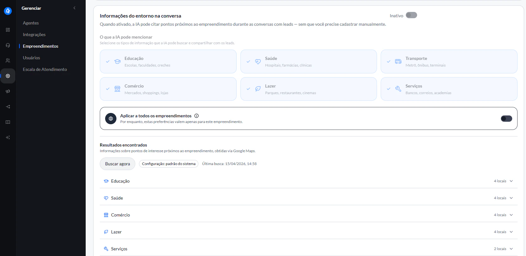 Tela "Informações do entorno na conversa" com categorias selecionáveis e resultados encontrados por categoria via Google Maps