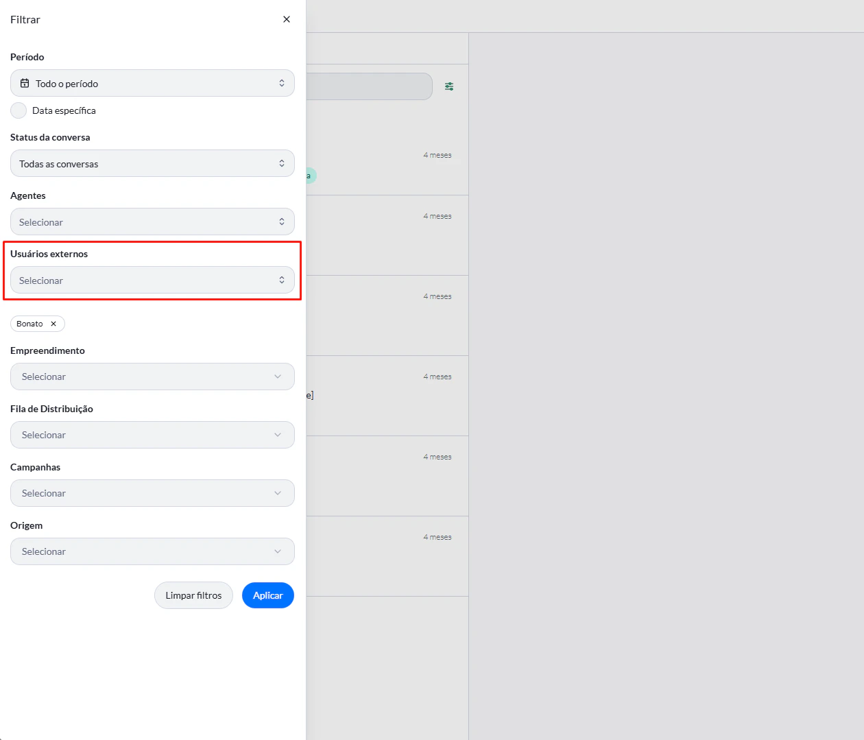 Filtro de Usuários externos na página de Conversas