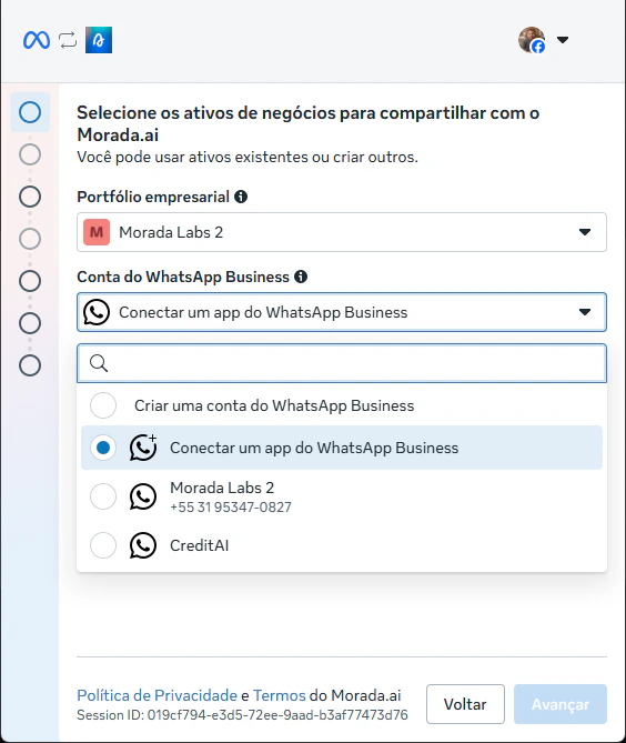 Fluxo de conexão da Meta com seleção de Portfólio empresarial e Conta do WhatsApp Business