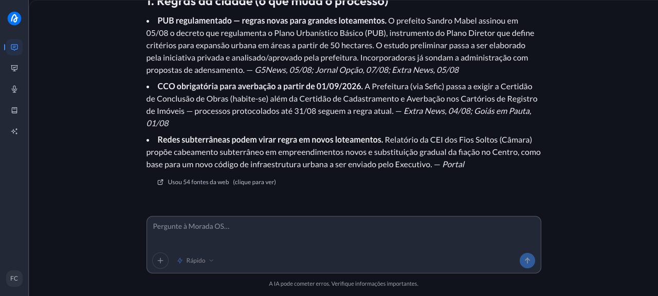 Real estate market news for a Brazilian city organized by theme in Morada OS, with source and date on each item