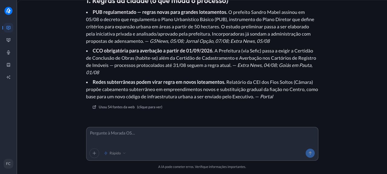 Real estate market news for a Brazilian city organized by theme in Morada OS, with source and date on each item