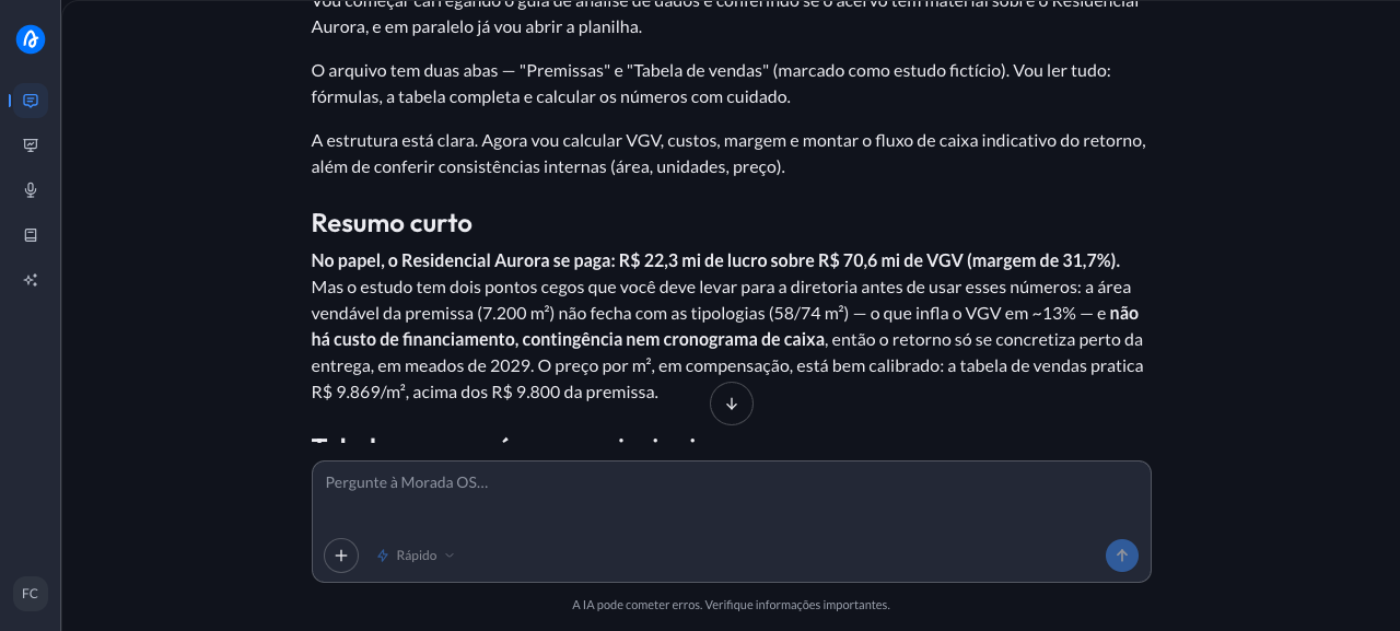 Feasibility analysis summary in Morada OS, with projected revenue, margin and the study blind spots called out