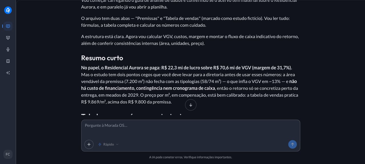 Feasibility analysis summary in Morada OS, with projected revenue, margin and the study blind spots called out