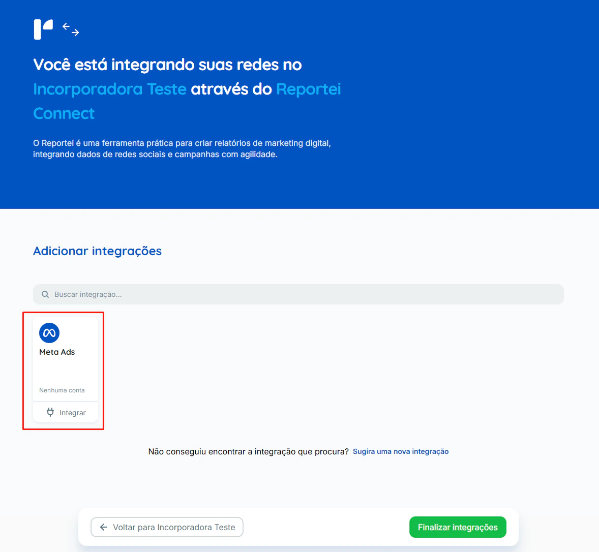 Tela do Reportei Connect com card Meta Ads