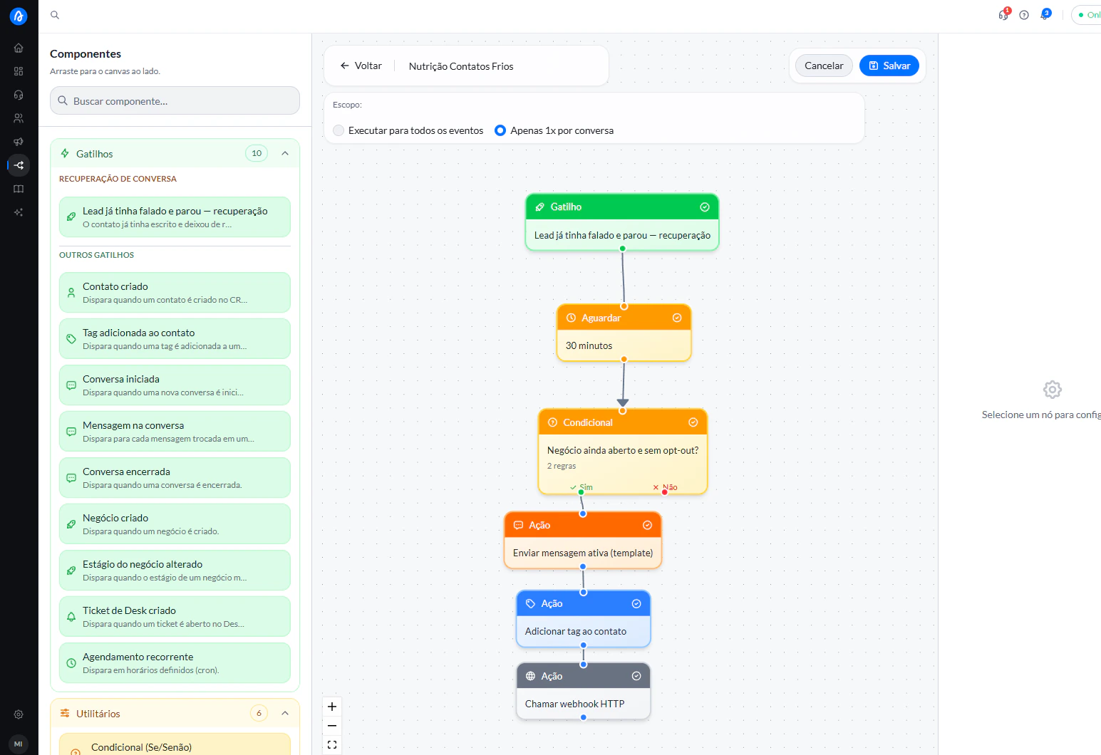 Editor visual de Fluxos de Automação com painel de componentes (gatilhos e utilities) à esquerda e fluxo em árvore com gatilho, aguardar, condicional e ações no centro