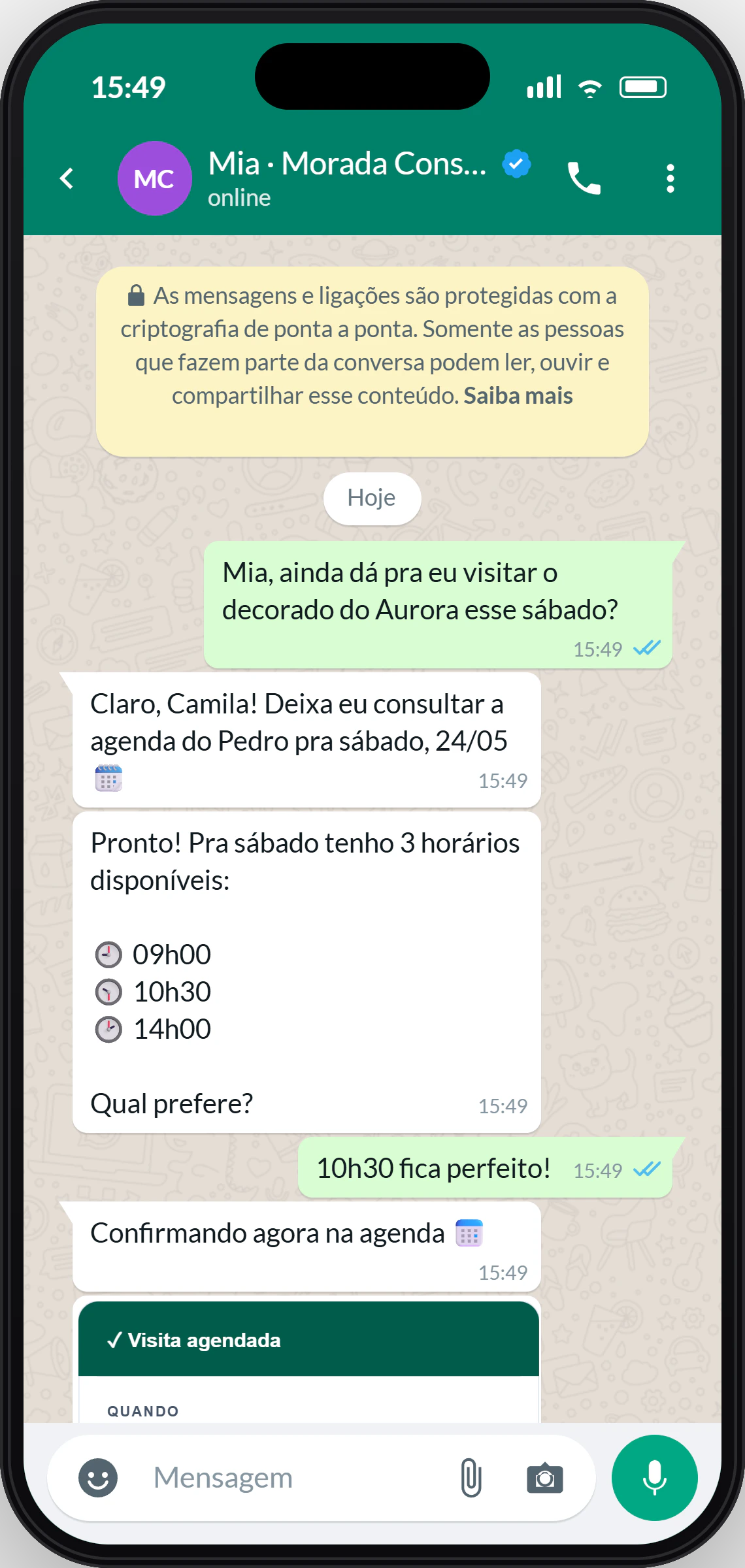 Conversa no WhatsApp com a Mia consultando agenda e ofertando 3 horários disponíveis ao lead