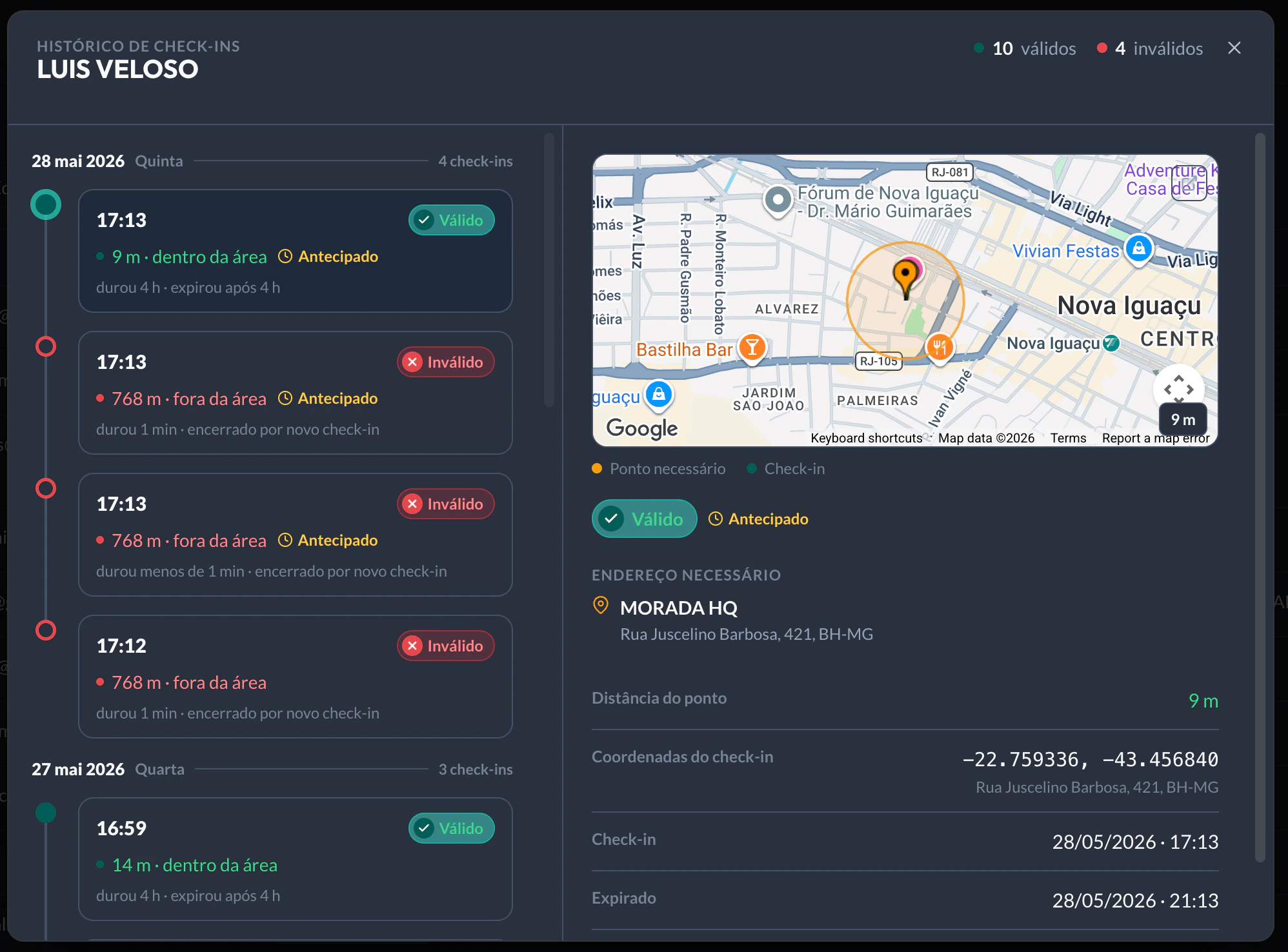 Histórico de check-ins por geolocalização