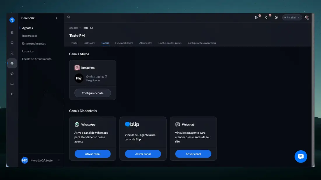 Ativação do canal Instagram na aba Canais do agente e configuração dos recursos do canal, incluindo respostas de stories e comentários com palavras-chave
