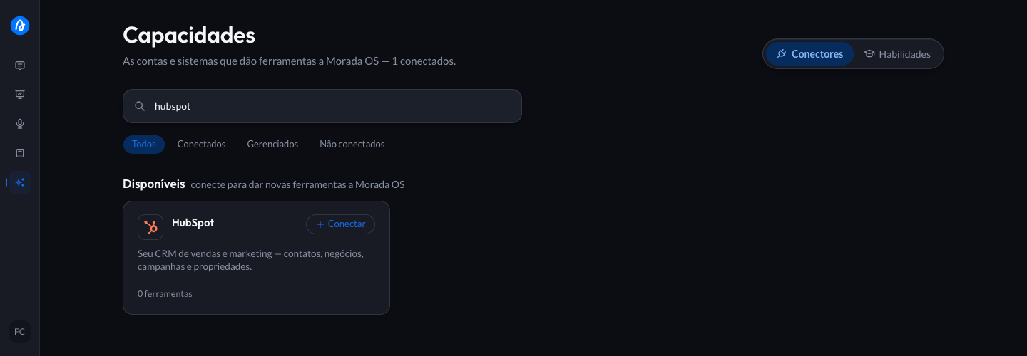 Cartão do HubSpot na prateleira de conectores, com o botão Conectar