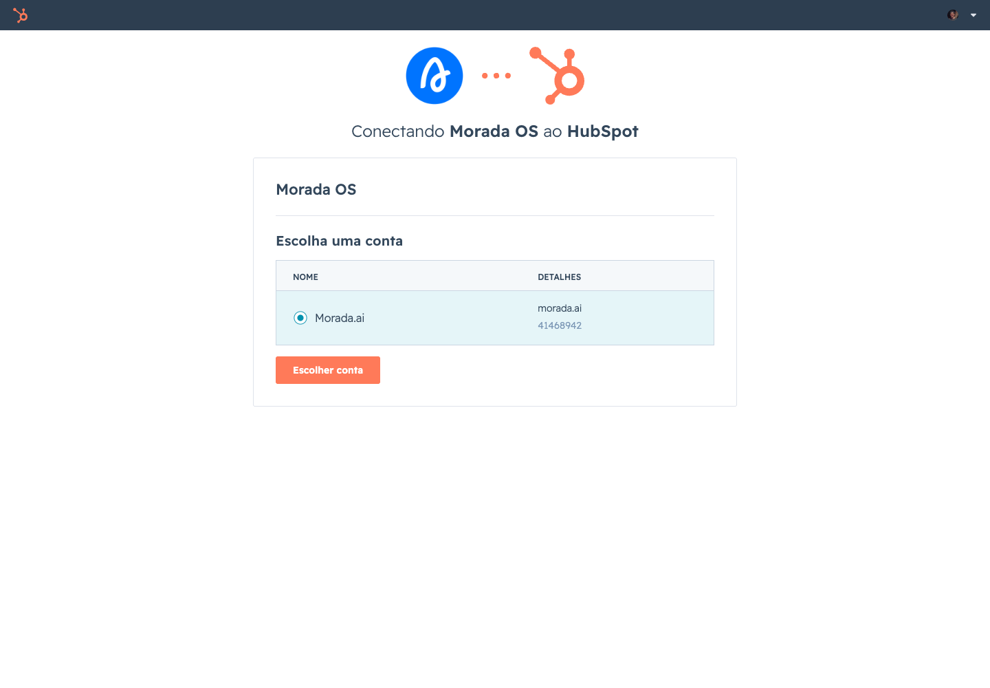 Tela do HubSpot para escolher a conta que será conectada