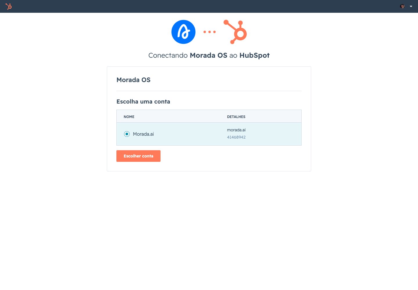 HubSpot screen to choose which account will be connected
