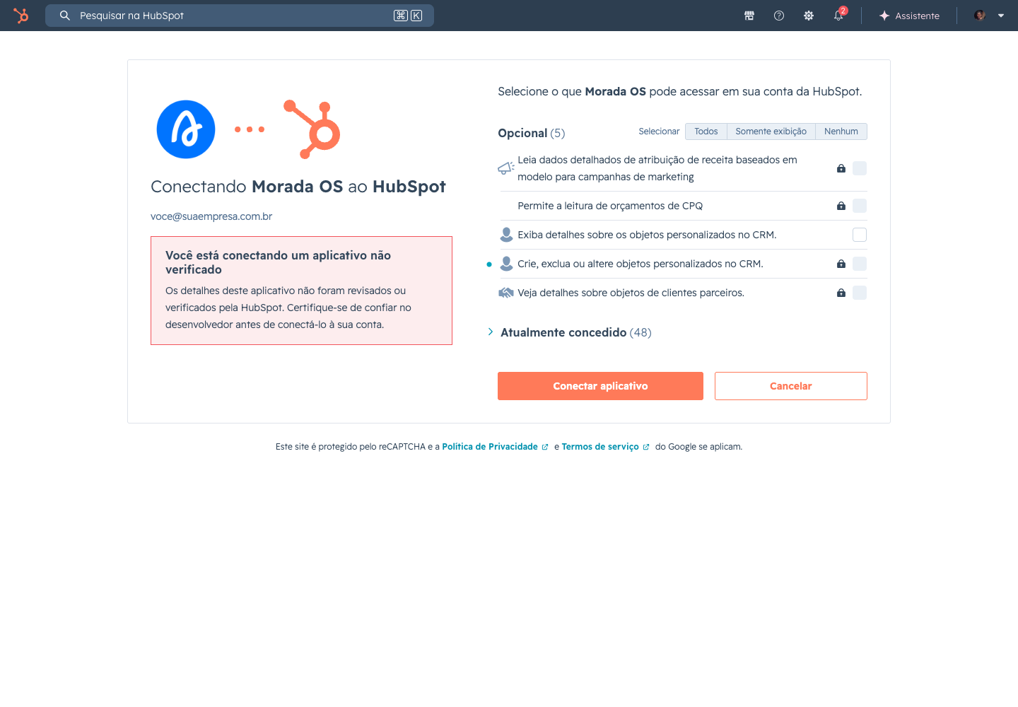 Tela de autorização do HubSpot listando as permissões do Morada OS