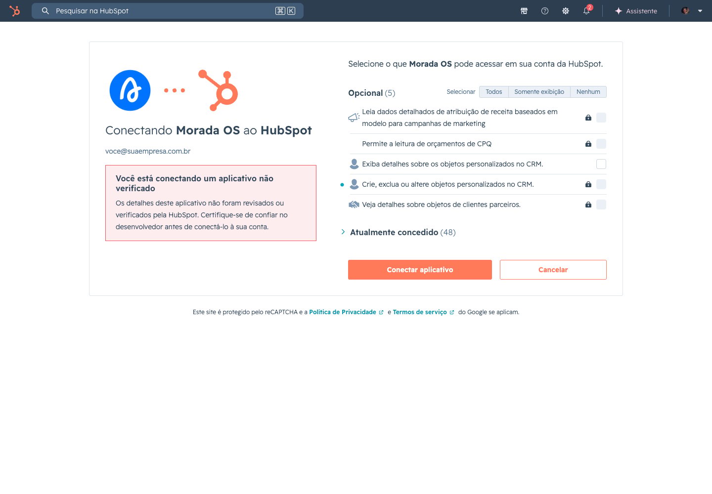 HubSpot authorization screen listing the Morada OS permissions