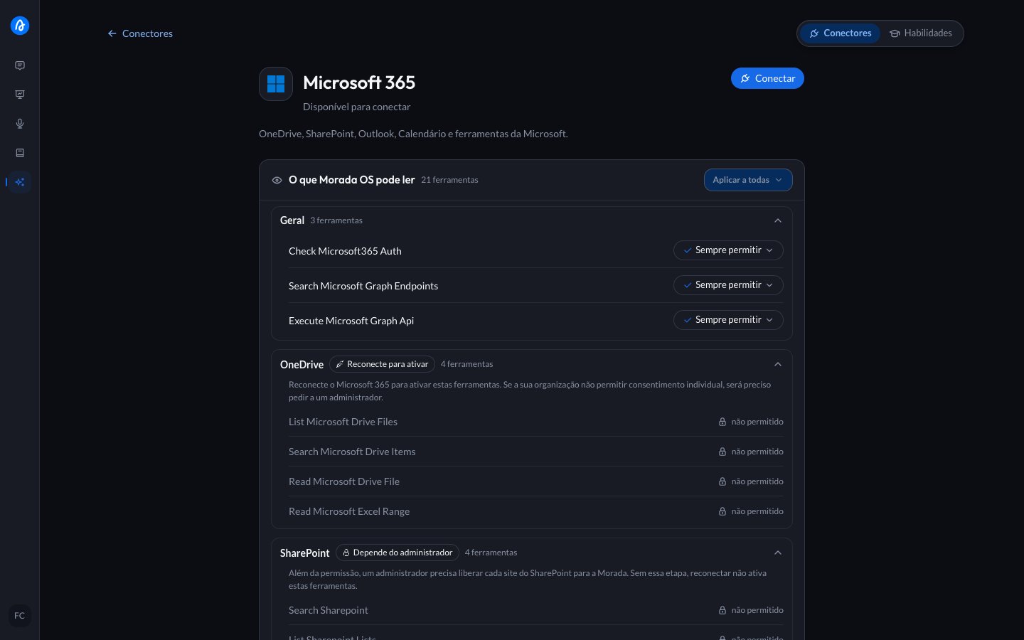 Microsoft 365 connector screen showing the state of each tool group