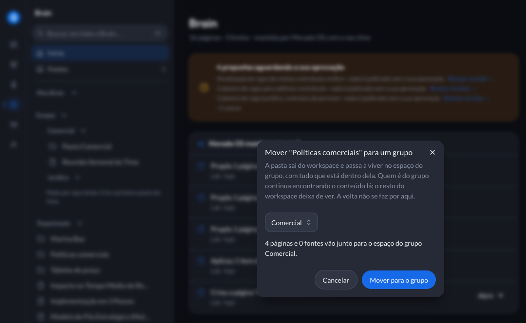 Diálogo Mover para um grupo mostrando quantas páginas e fontes vão junto