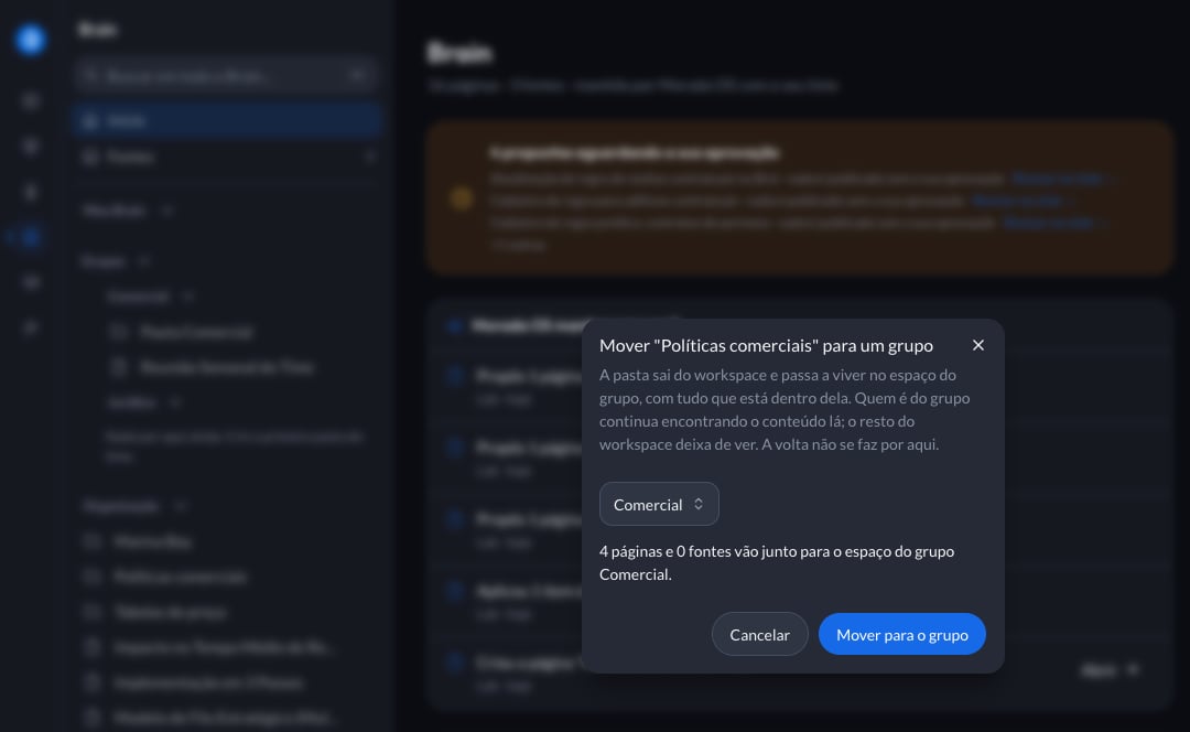 Diálogo Mover para um grupo mostrando quantas páginas e fontes vão junto