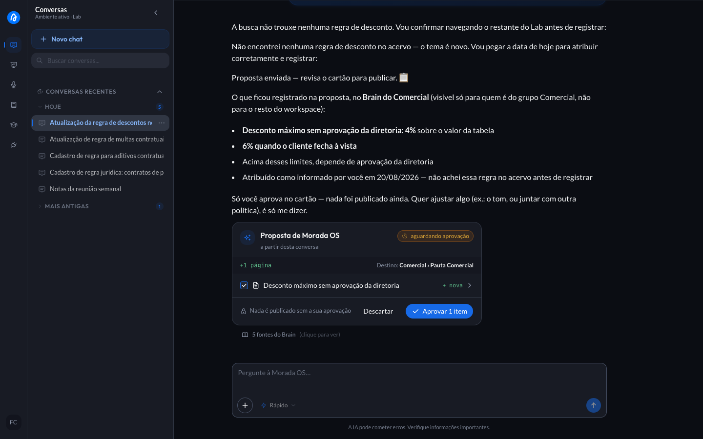Cartão de proposta no chat mostrando o destino Comercial