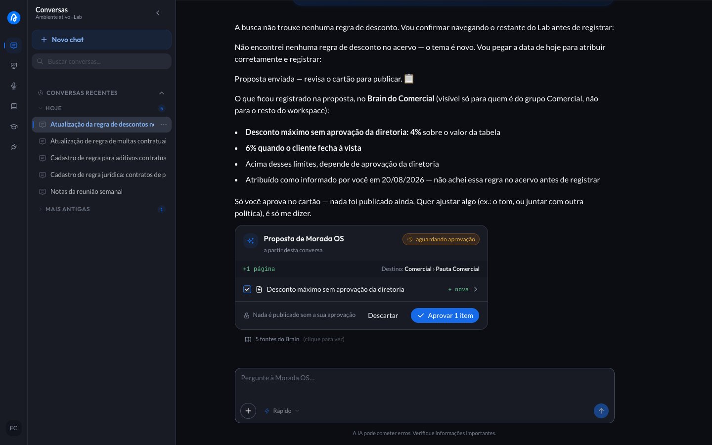 Cartão de proposta no chat mostrando o destino Comercial
