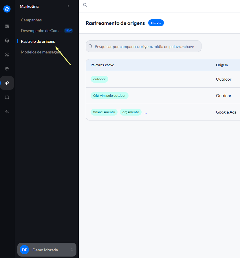 Menu Marketing com a opção Rastreio de origens destacada