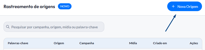 Botão Nova Origem na tela de Rastreamento de origens