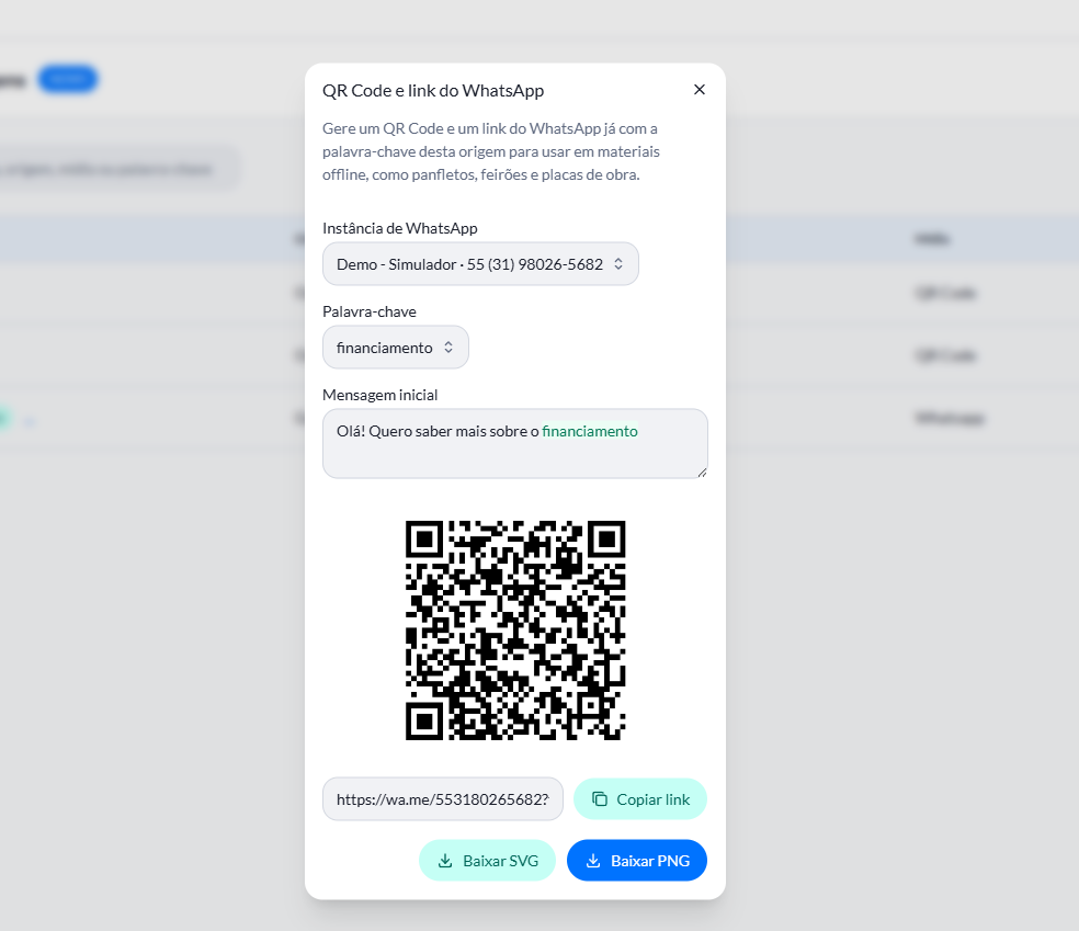 Modal QR Code e link do WhatsApp com instância, palavra-chave, mensagem e QR Code gerado