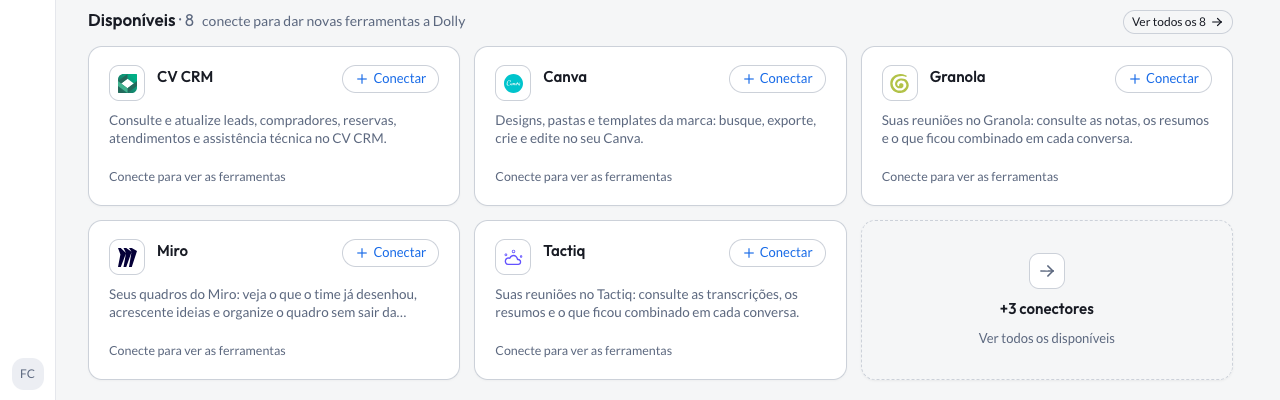 CV CRM card under Disponíveis, with the Conectar button