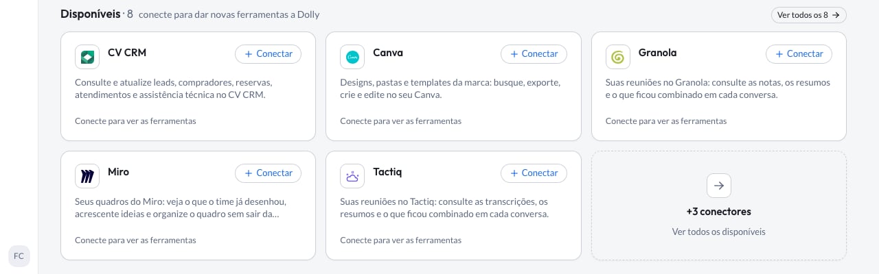 CV CRM card under Disponíveis, with the Conectar button