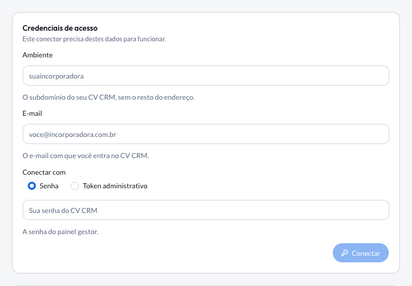 CV CRM credentials form: Ambiente, E-mail and the choice between Senha and Token administrativo