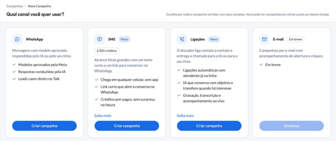 Tela Nova campanha com os cartões WhatsApp, SMS, Ligações e E-mail