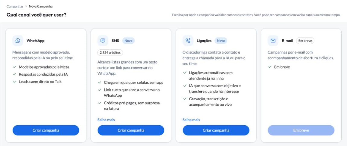 Tela Nova campanha com os cartões WhatsApp, SMS, Ligações e E-mail