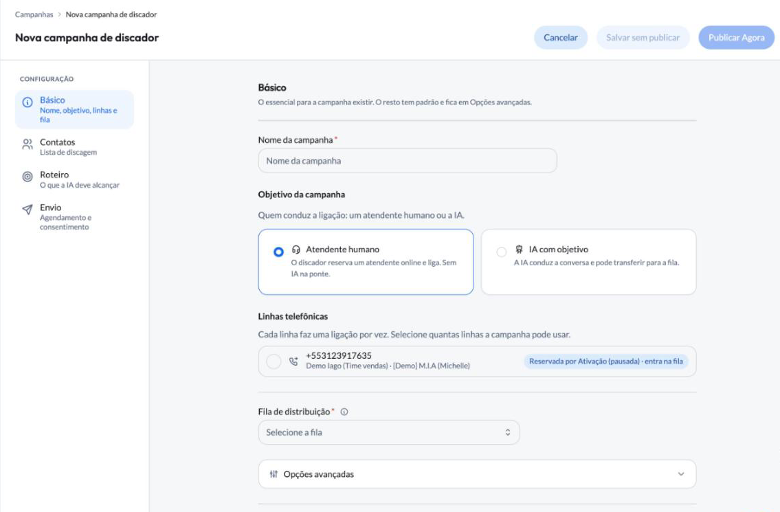 Formulário de nova campanha de discador na parte Básico