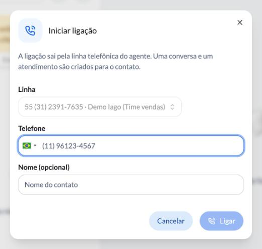 Janela Iniciar ligação no Talk, com a linha, o telefone e o nome do contato