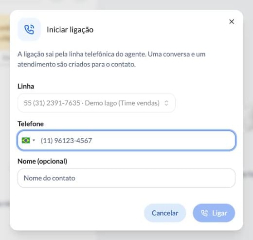 Janela Iniciar ligação no Talk, com a linha, o telefone e o nome do contato