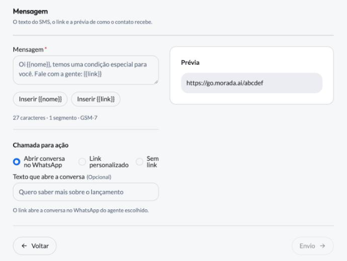 Parte Mensagem da campanha de SMS, com o texto, a prévia e a chamada para ação