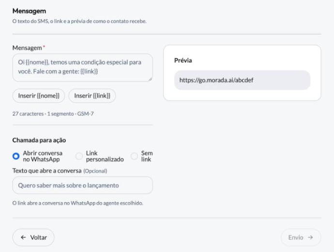 Parte Mensagem da campanha de SMS, com o texto, a prévia e a chamada para ação