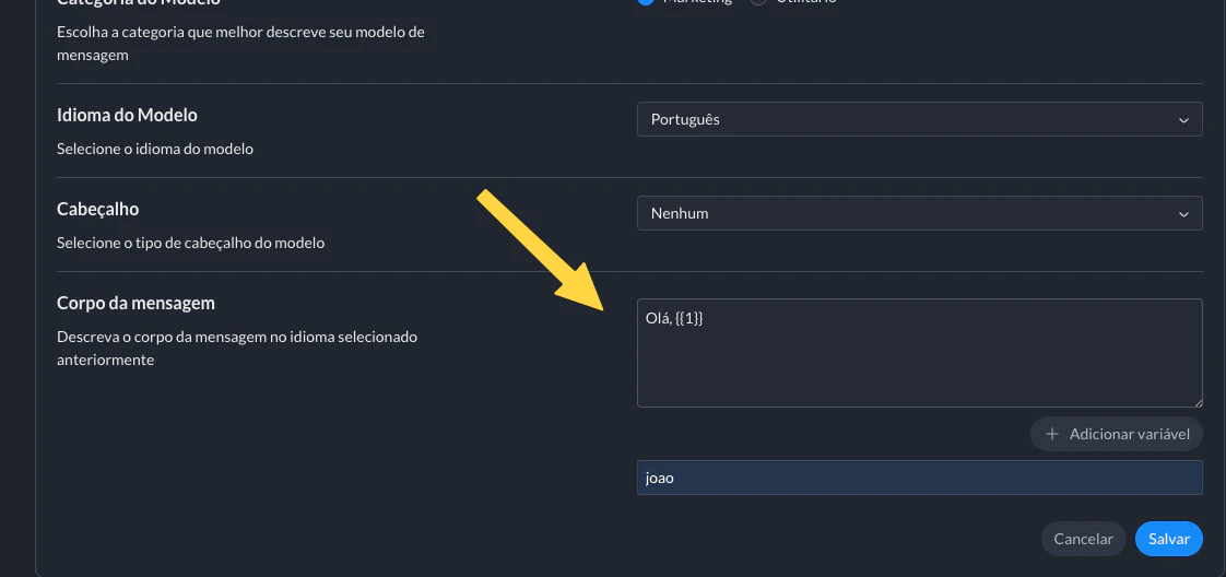 Variaveis Modelo Mensagem